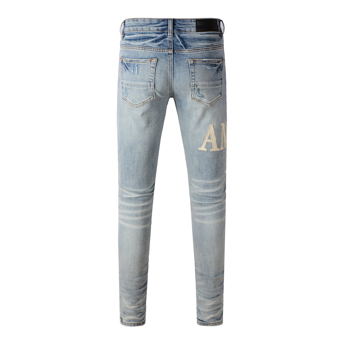 Men’s Mid Blue Skinny Jeans with Cream Letter Patch and Knee Rip Distressing 8905