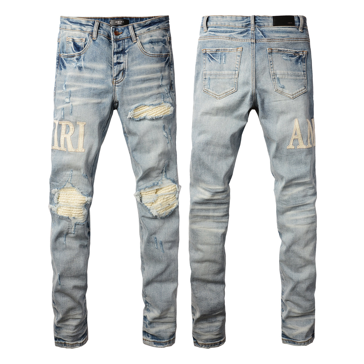 Men’s Mid Blue Skinny Jeans with Cream Letter Patch and Knee Rip Distressing 8905