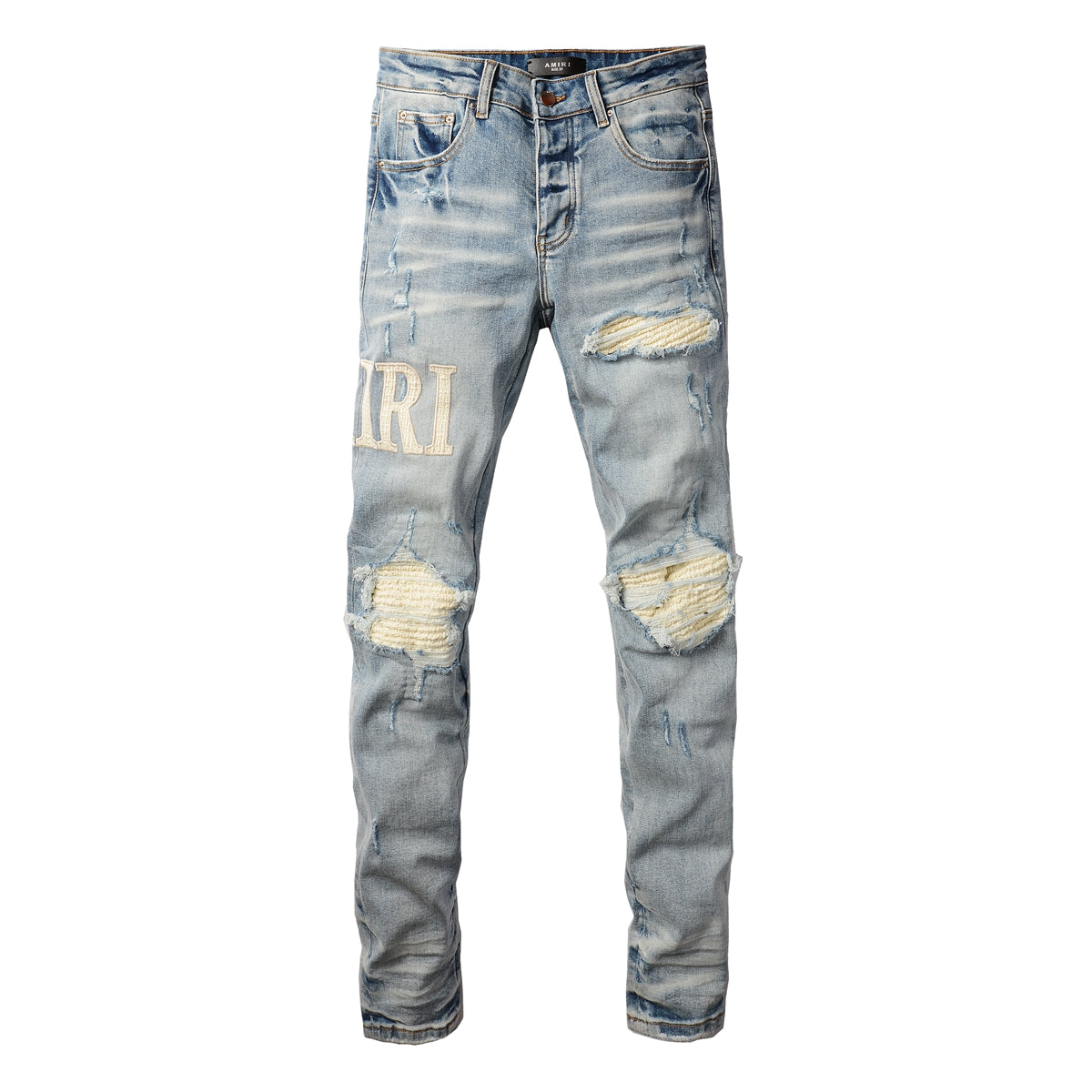 Men’s Mid Blue Skinny Jeans with Cream Letter Patch and Knee Rip Distressing 8905