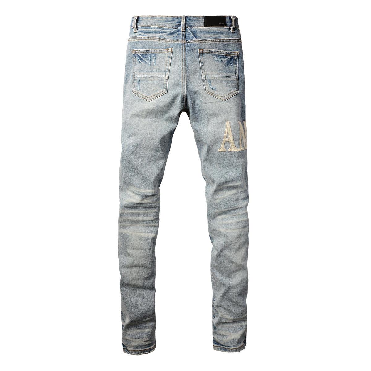 Men’s Mid Blue Skinny Jeans with Cream Letter Patch and Knee Rip Distressing 8905