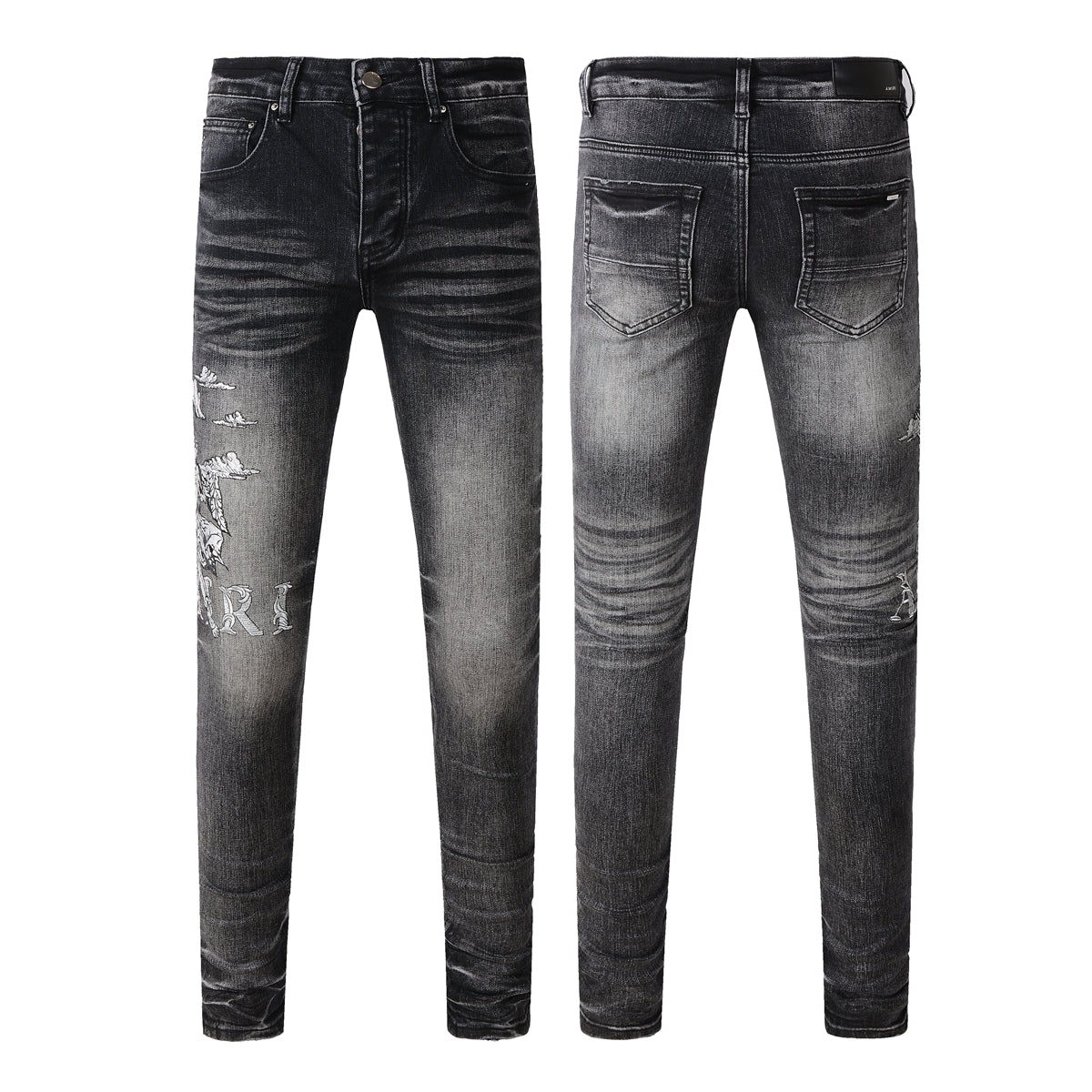 Men’s Washed Black Skinny Jeans with Distressed Eagle Graphic and Gothic Letter Embroidery 8906