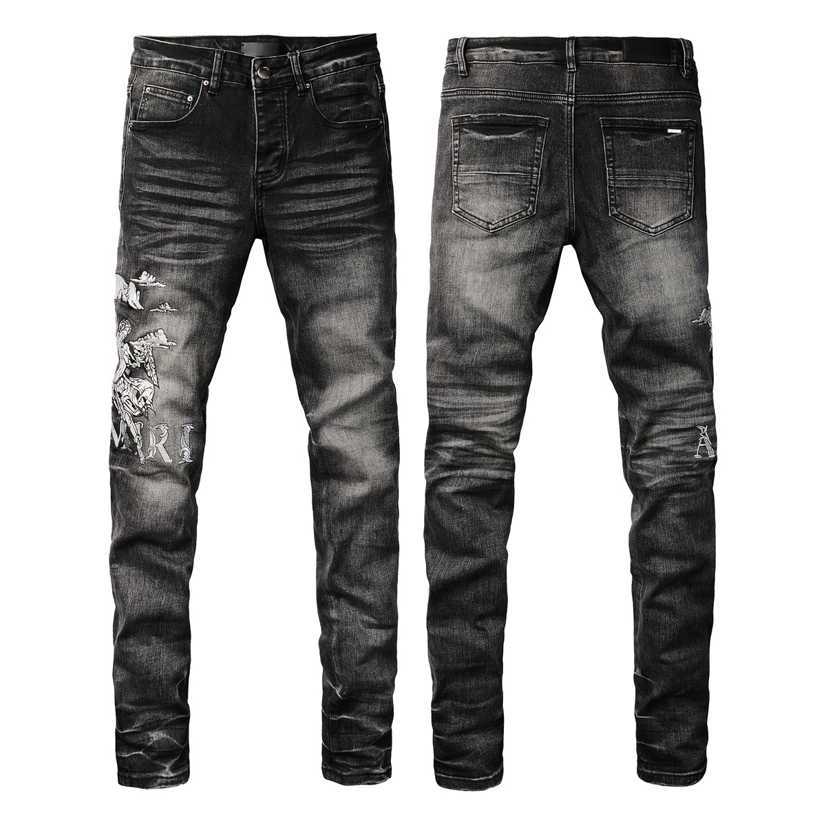 Men’s Washed Black Skinny Jeans with Distressed Eagle Graphic and Gothic Letter Embroidery 8906