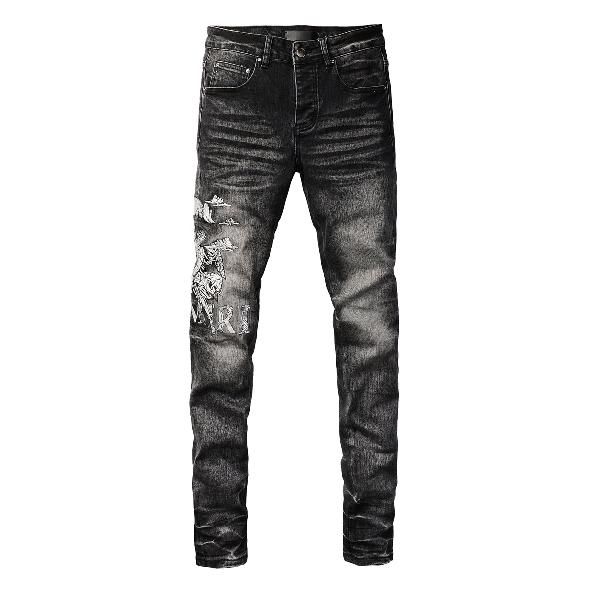 Men’s Washed Black Skinny Jeans with Distressed Eagle Graphic and Gothic Letter Embroidery 8906