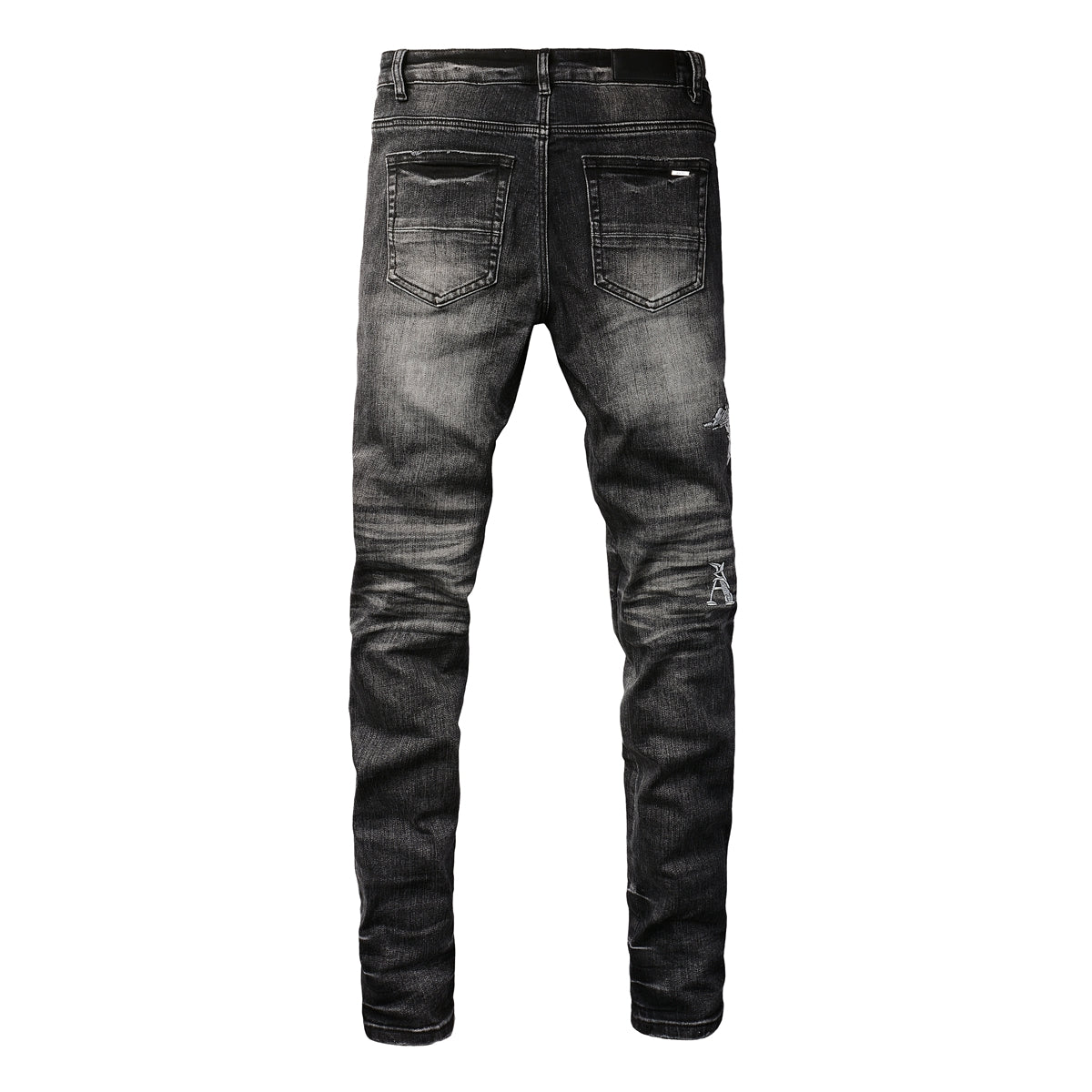 Men’s Washed Black Skinny Jeans with Distressed Eagle Graphic and Gothic Letter Embroidery 8906