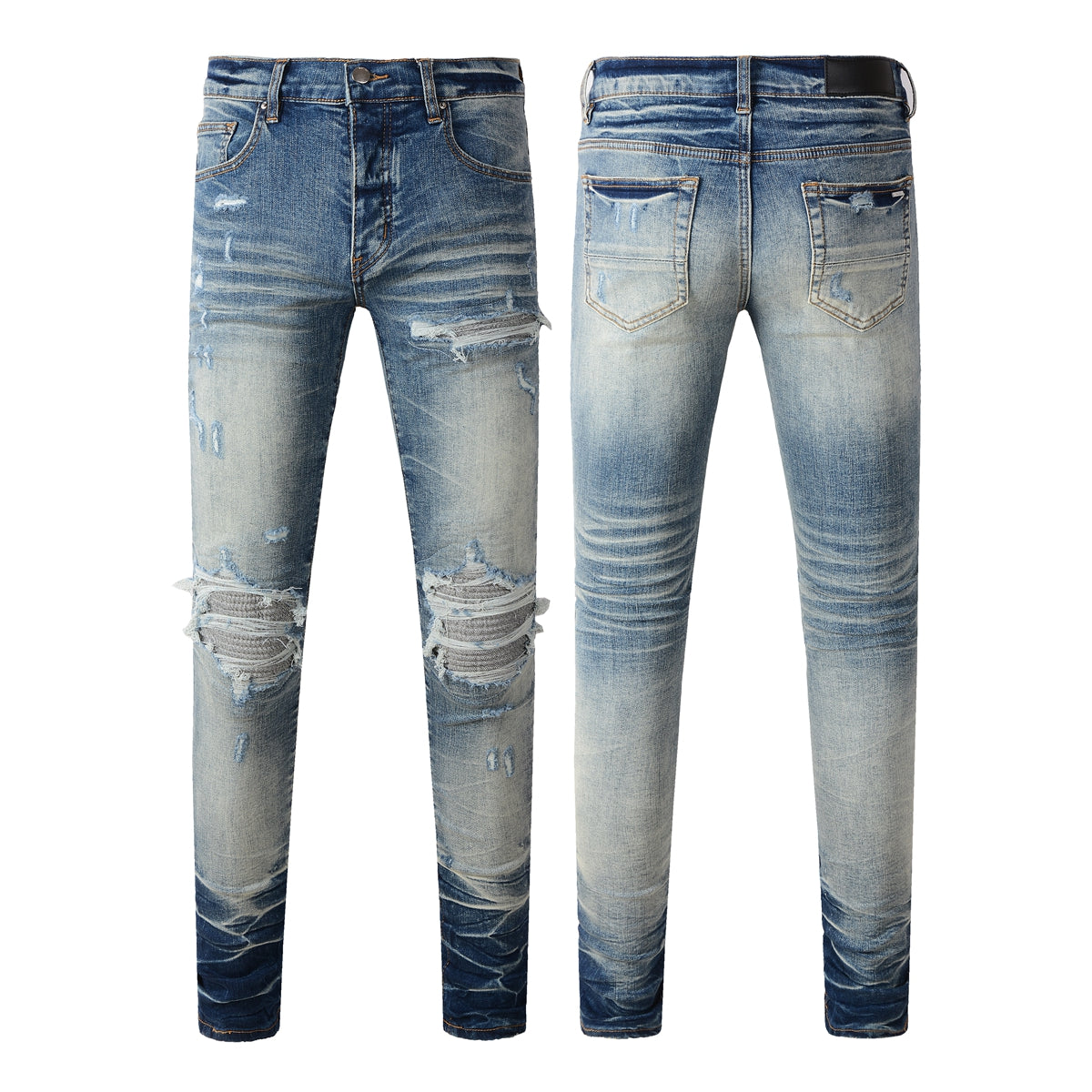 Men’s Two-Tone Blue Skinny Jeans with Heavy Knee Distressing and Whisker Fade Wash 8907