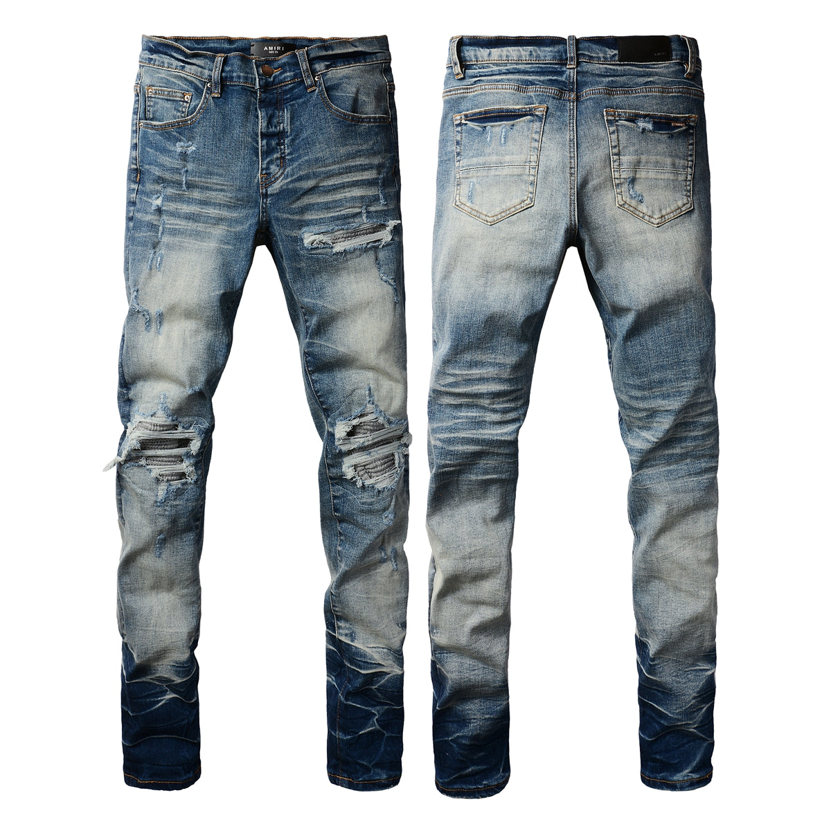 Men’s Two-Tone Blue Skinny Jeans with Heavy Knee Distressing and Whisker Fade Wash 8907