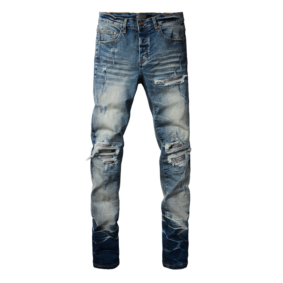 Men’s Two-Tone Blue Skinny Jeans with Heavy Knee Distressing and Whisker Fade Wash 8907