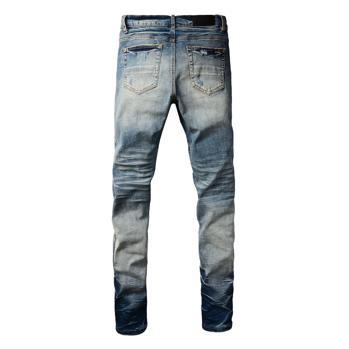 Men’s Two-Tone Blue Skinny Jeans with Heavy Knee Distressing and Whisker Fade Wash 8907