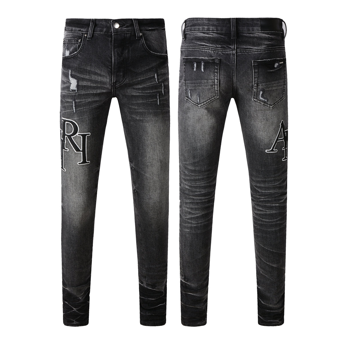 Men’s Washed Black Skinny Jeans with White Letter Print and Subtle Distressing 8908