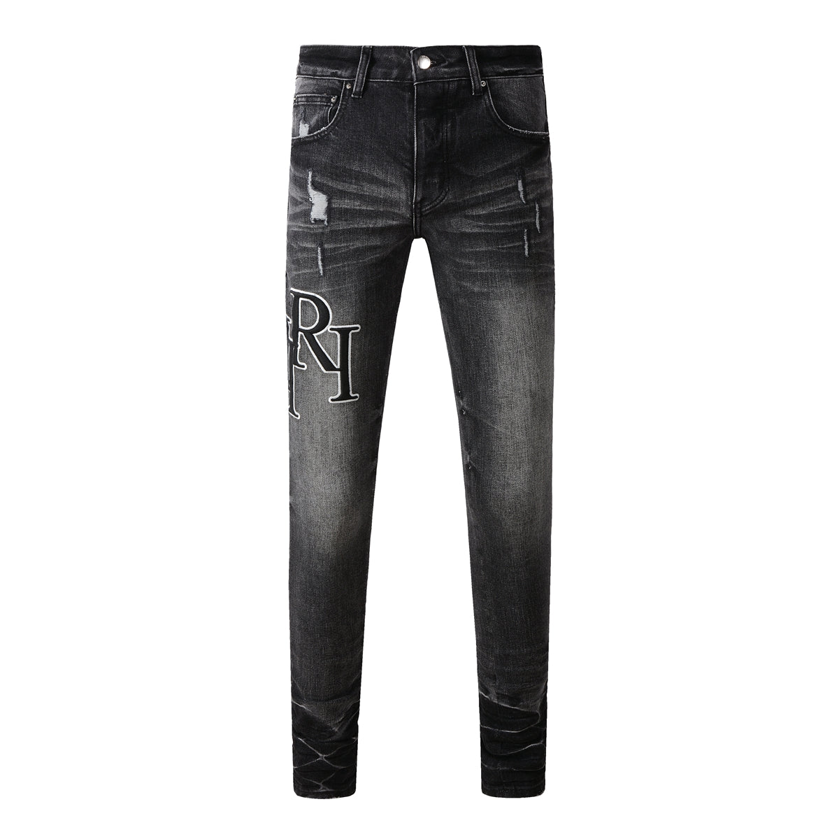 Men’s Washed Black Skinny Jeans with White Letter Print and Subtle Distressing 8908