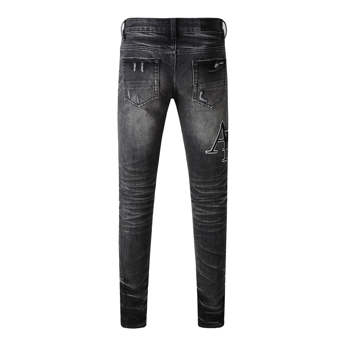 Men’s Washed Black Skinny Jeans with White Letter Print and Subtle Distressing 8908