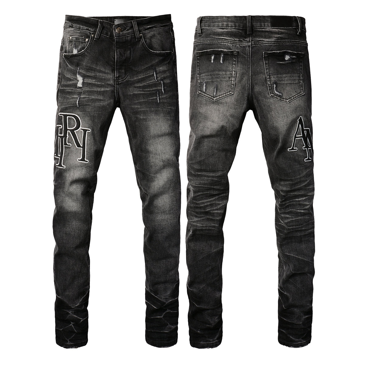 Men’s Washed Black Skinny Jeans with White Letter Print and Subtle Distressing 8908