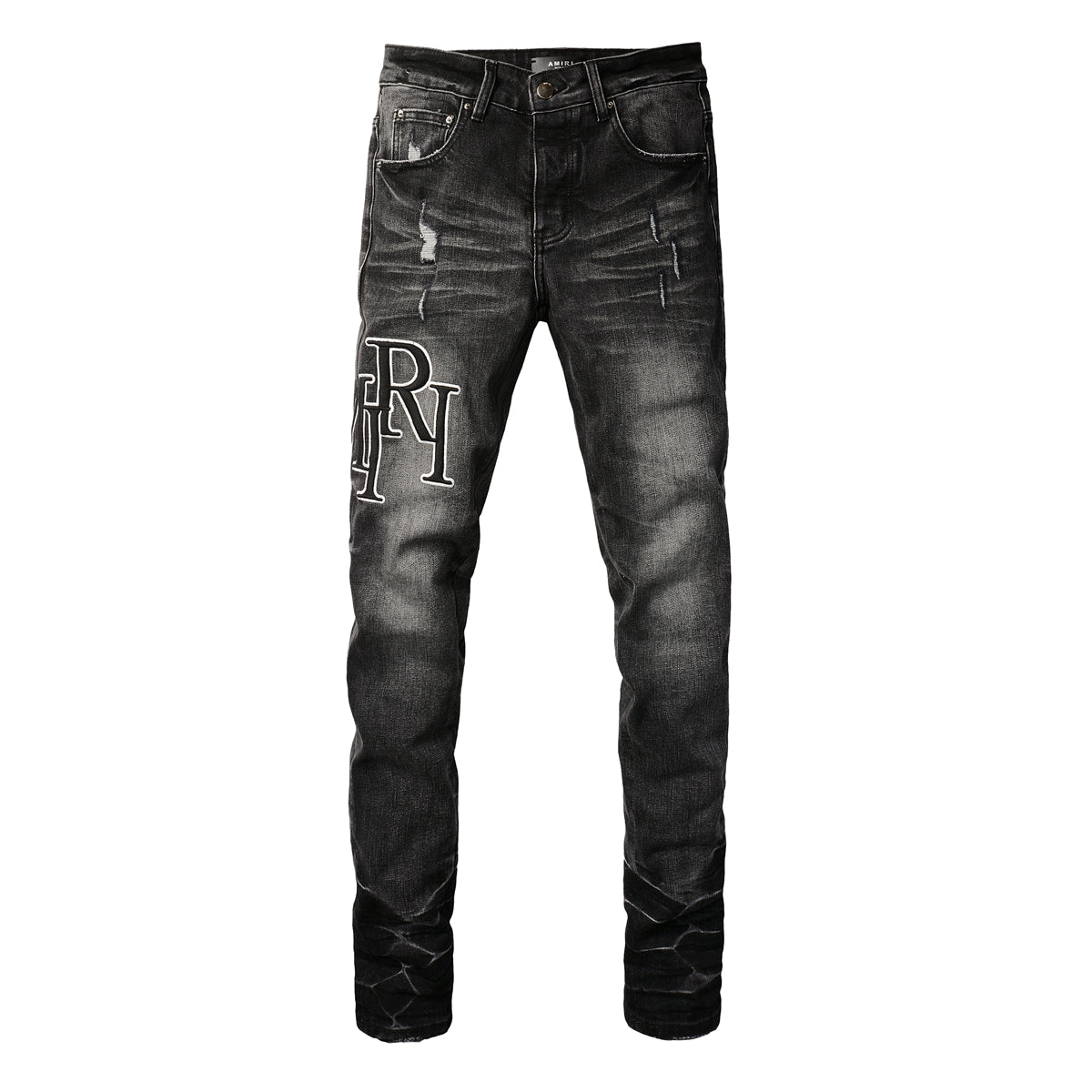 Men’s Washed Black Skinny Jeans with White Letter Print and Subtle Distressing 8908