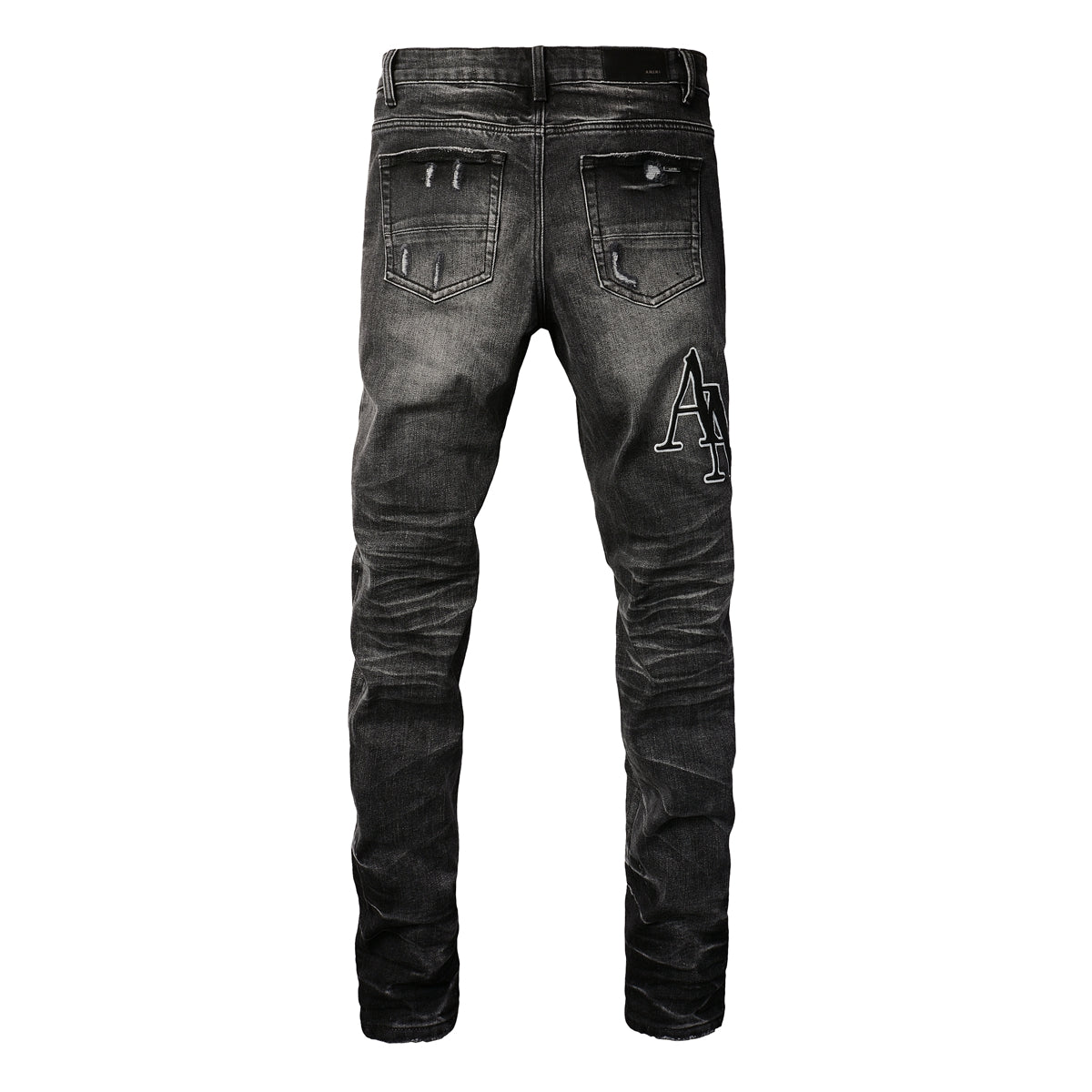 Men’s Washed Black Skinny Jeans with White Letter Print and Subtle Distressing 8908