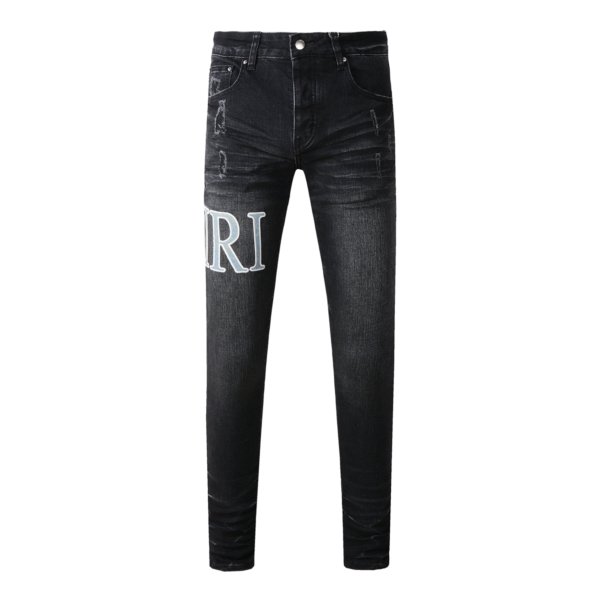 Men’s Black Skinny Jeans with Large White Letter Embroidery and Light Distressing 8909