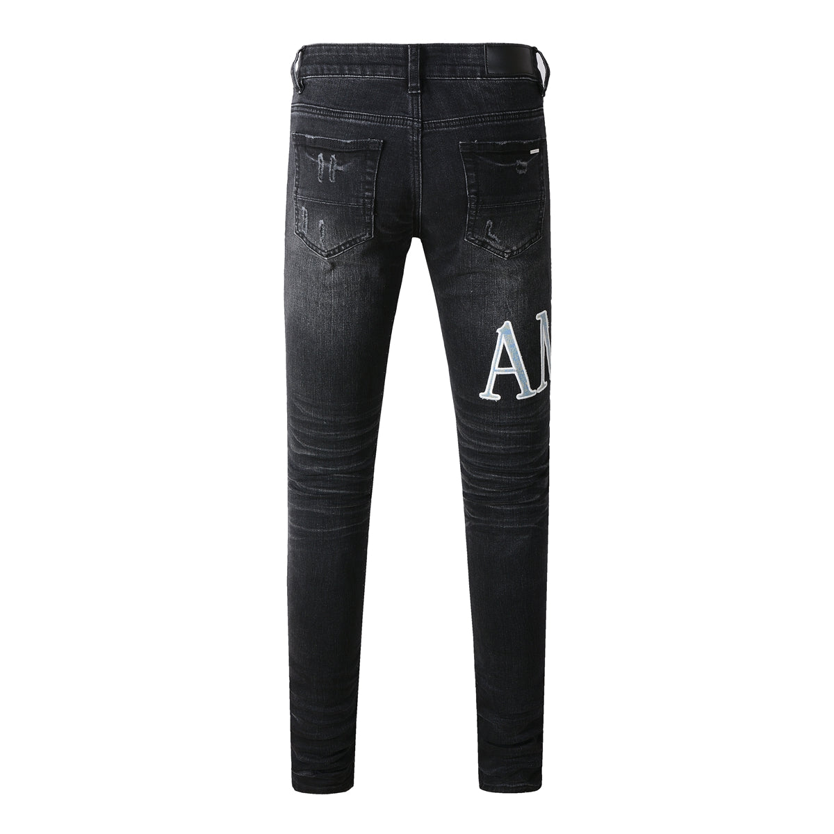 Men’s Black Skinny Jeans with Large White Letter Embroidery and Light Distressing 8909