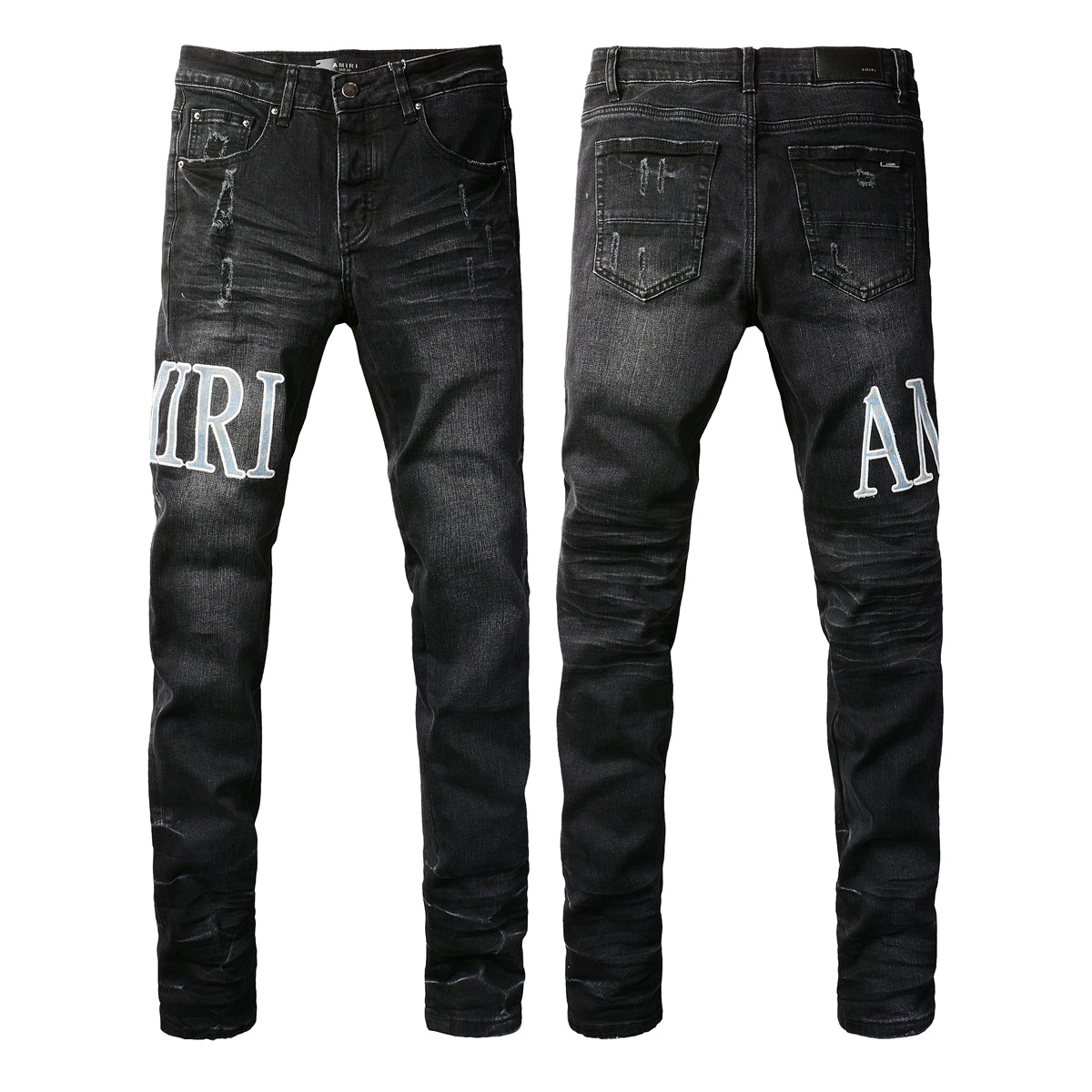 Men’s Black Skinny Jeans with Large White Letter Embroidery and Light Distressing 8909