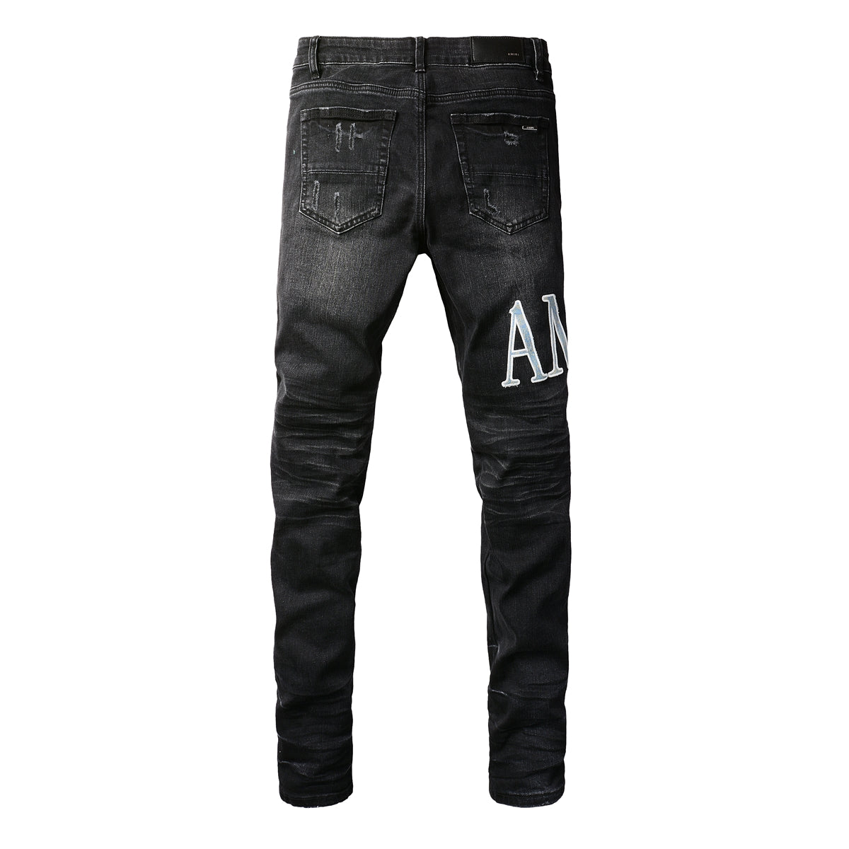 Men’s Black Skinny Jeans with Large White Letter Embroidery and Light Distressing 8909