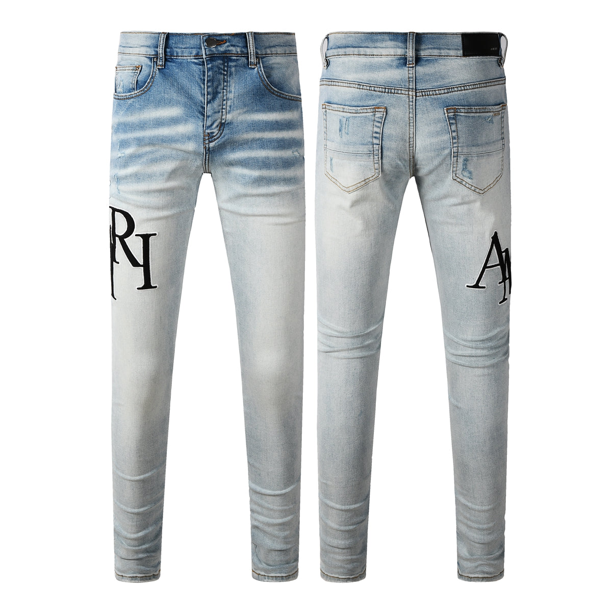 Jean skinny délavé clair pour homme avec broderies noires et effet vintage – 8910