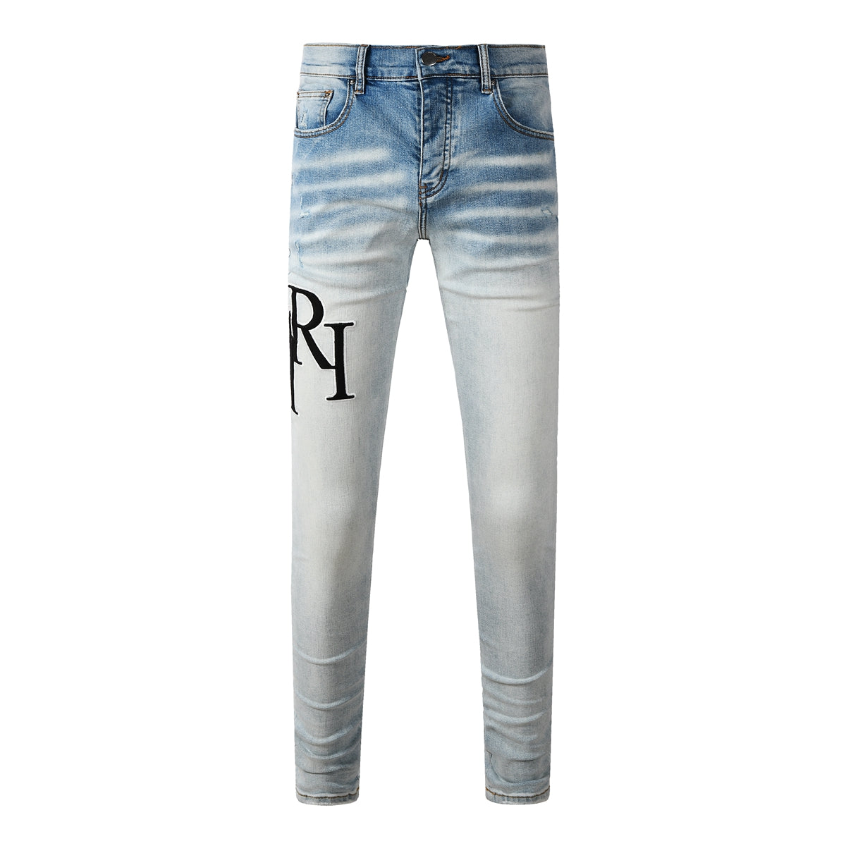 Jean skinny délavé clair pour homme avec broderies noires et effet vintage – 8910