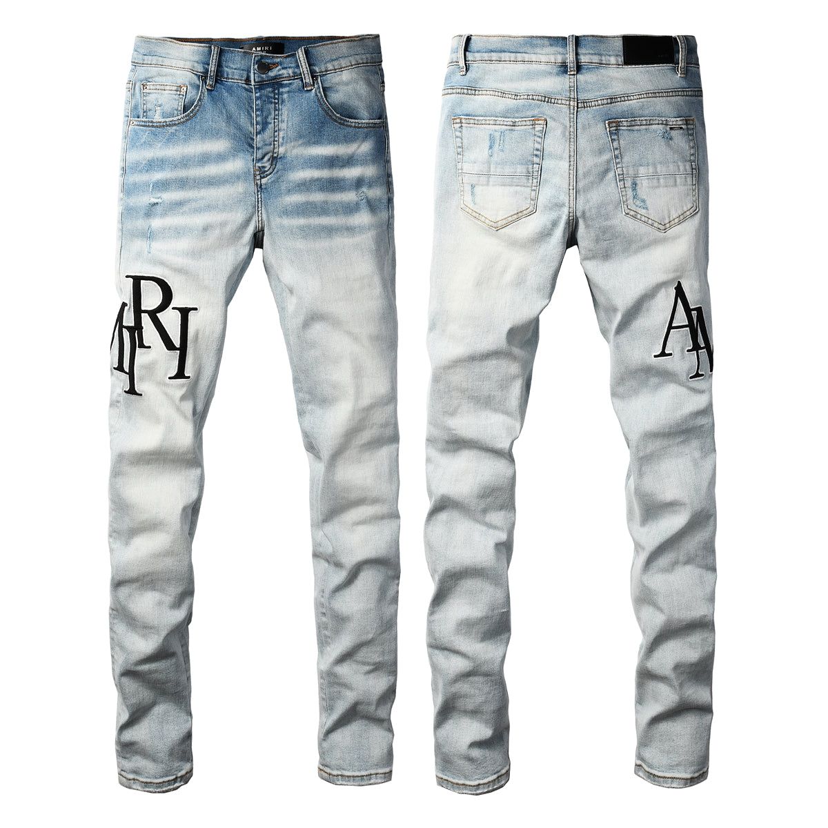 Jean skinny délavé clair pour homme avec broderies noires et effet vintage – 8910