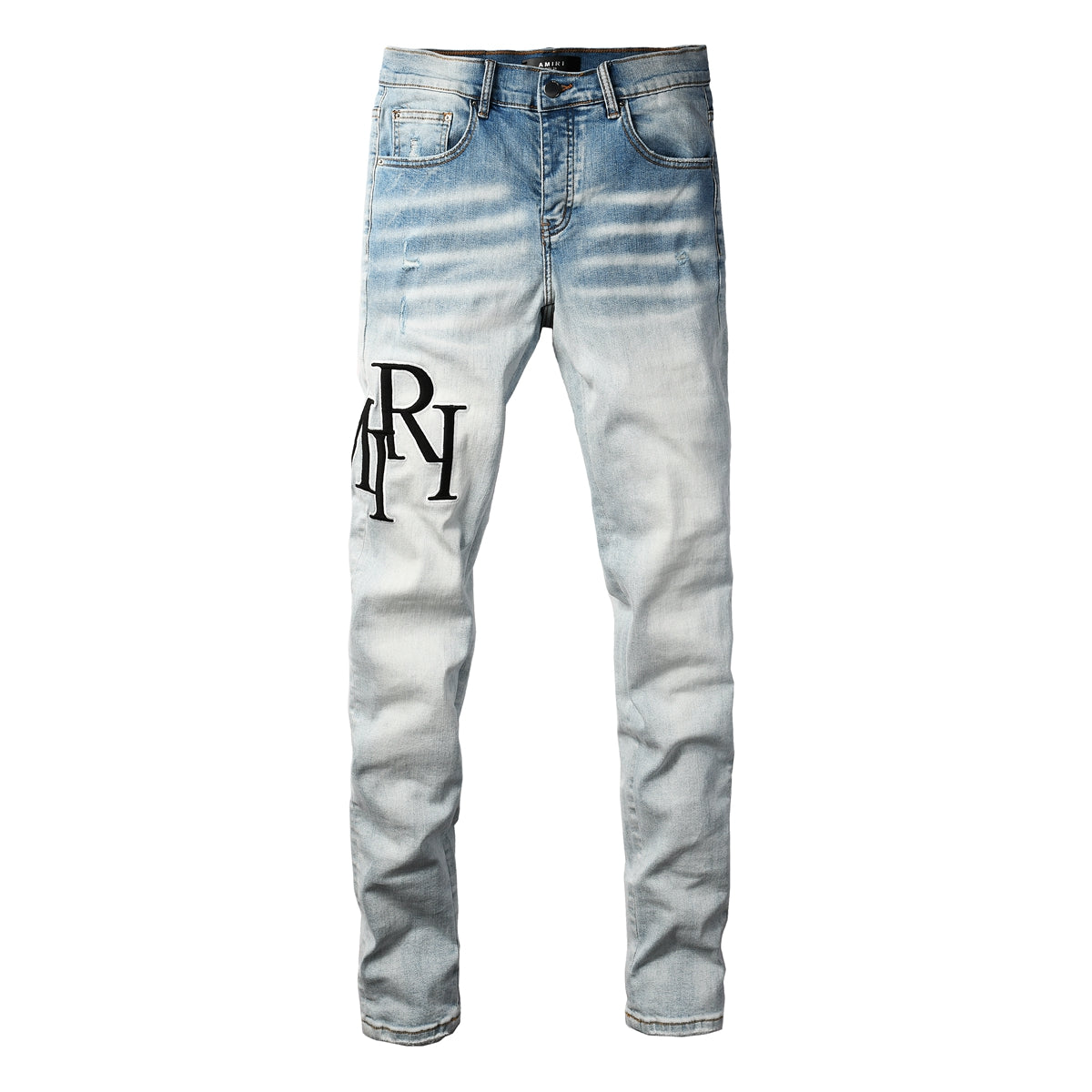 Jean skinny délavé clair pour homme avec broderies noires et effet vintage – 8910