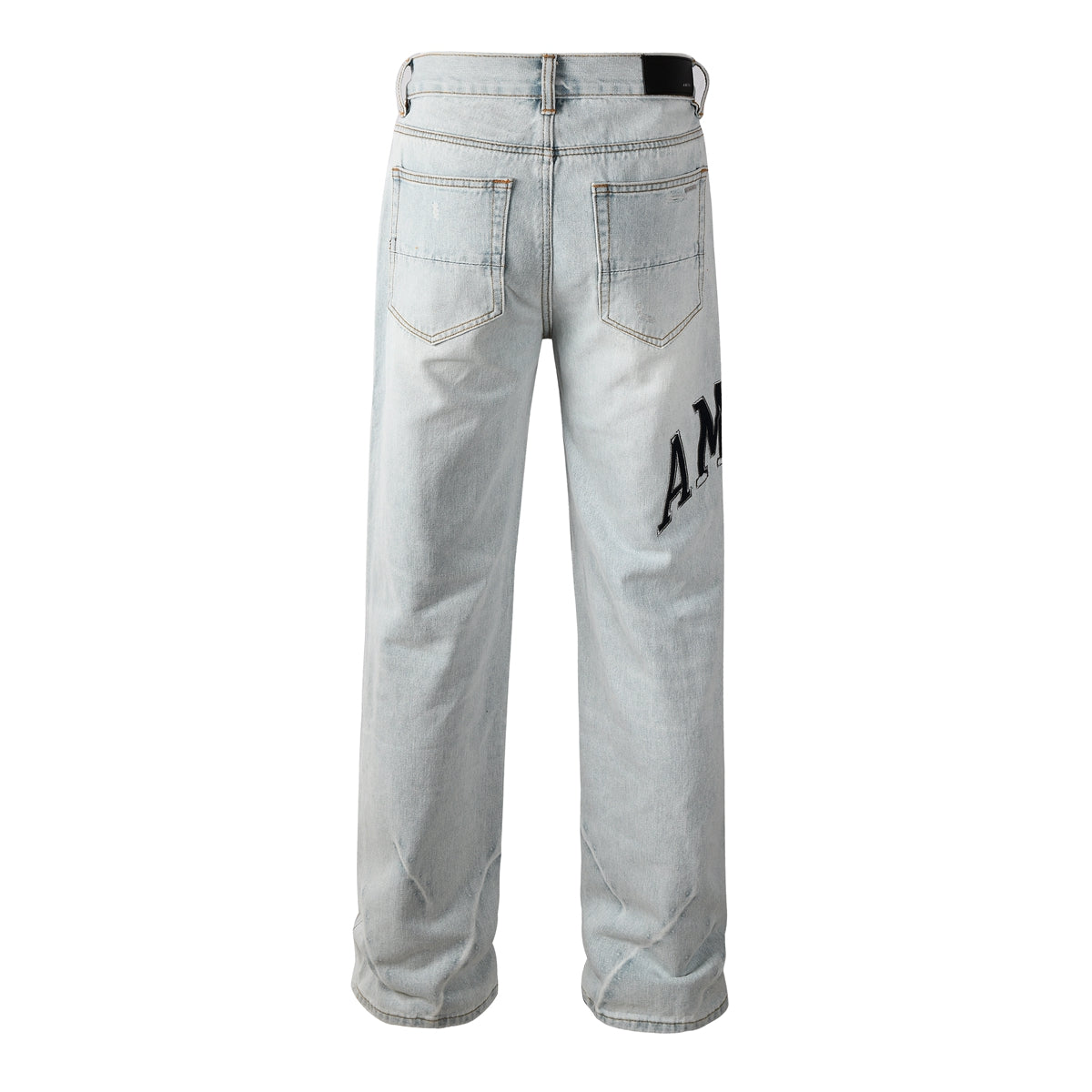 Men’s Light Blue Loose Fit Jeans with Black Letter Print and Ripped Details 8916