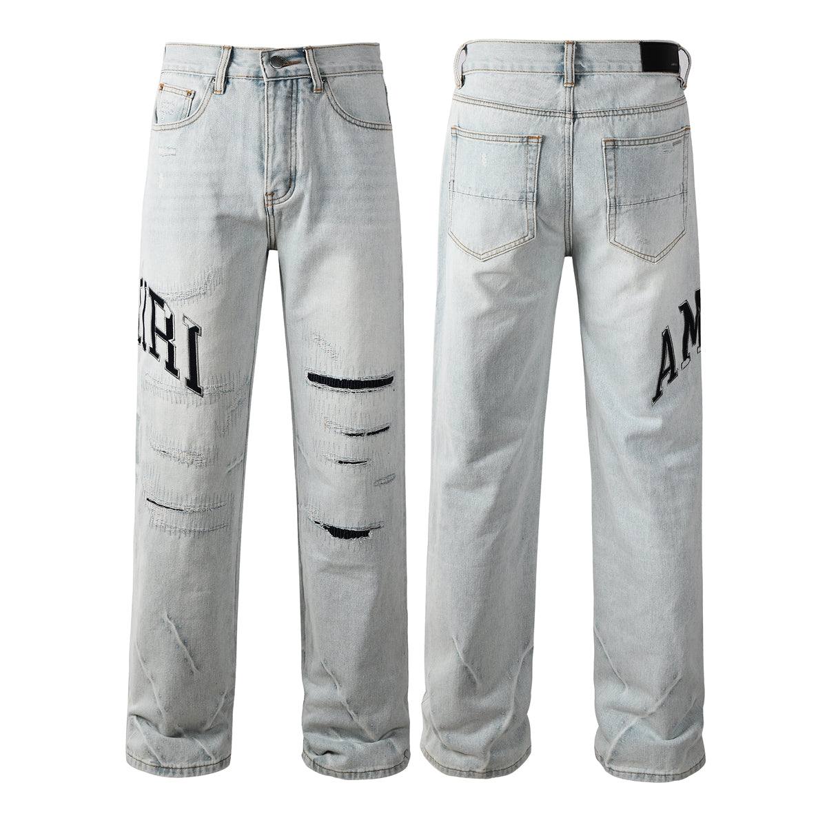 Men’s Light Blue Loose Fit Jeans with Black Letter Print and Ripped Details 8916