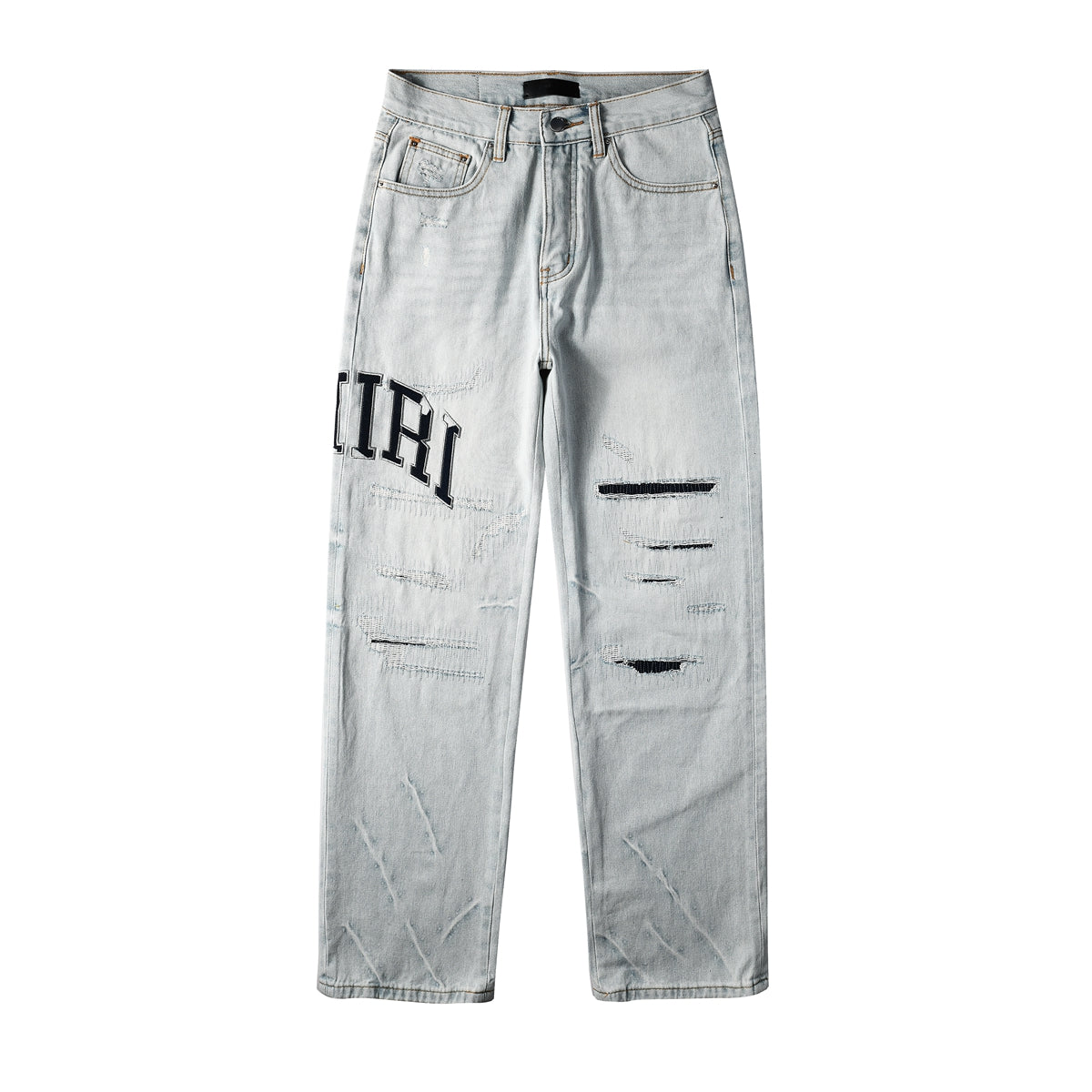 Men’s Light Blue Loose Fit Jeans with Black Letter Print and Ripped Details 8916