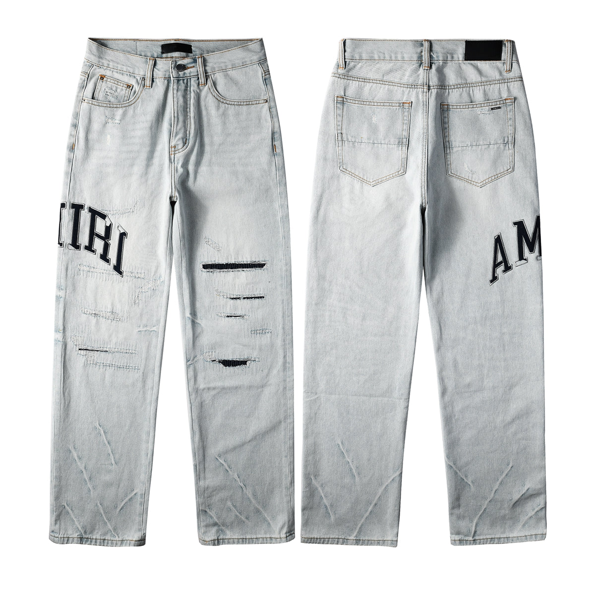Men’s Light Blue Loose Fit Jeans with Black Letter Print and Ripped Details 8916