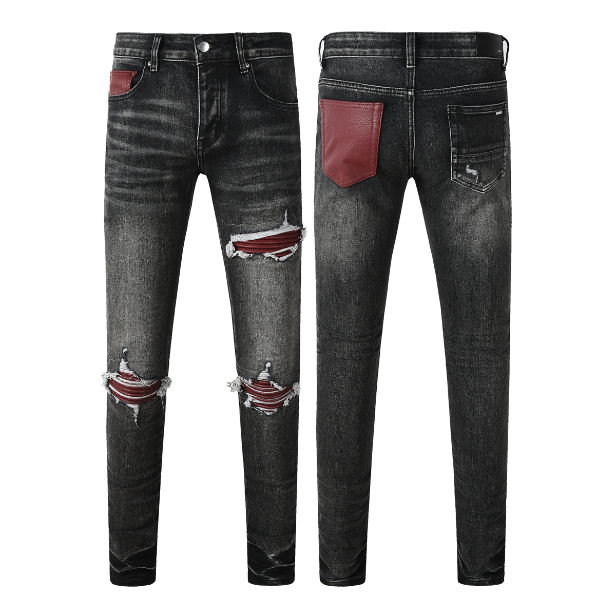 Men's Black Ripped Skinny Jeans with Red Faux Leather Patch and Distressed Knees 8919