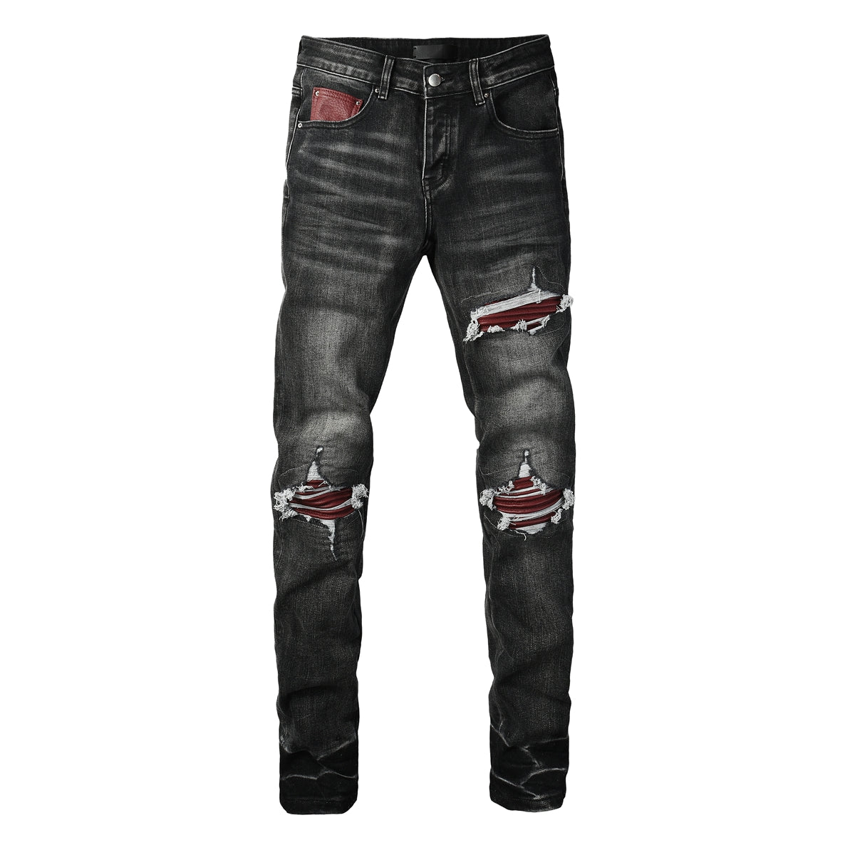 Men's Black Ripped Skinny Jeans with Red Faux Leather Patch and Distressed Knees 8919