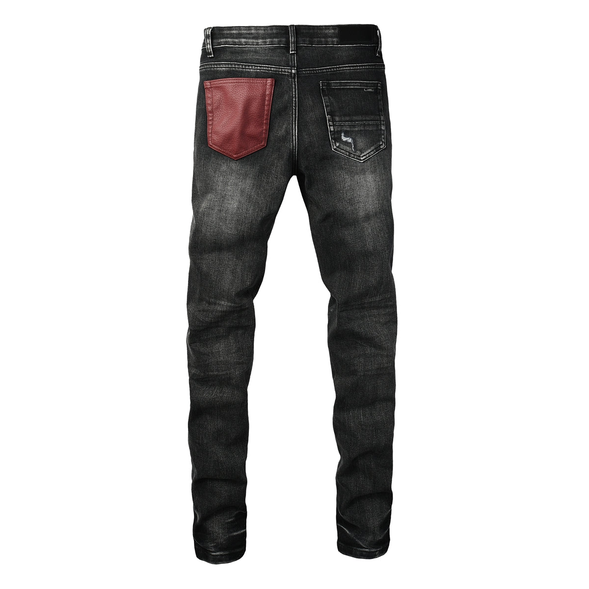 Men's Black Ripped Skinny Jeans with Red Faux Leather Patch and Distressed Knees 8919