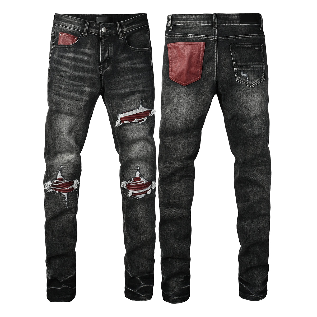 Men's Black Ripped Skinny Jeans with Red Faux Leather Patch and Distressed Knees 8919