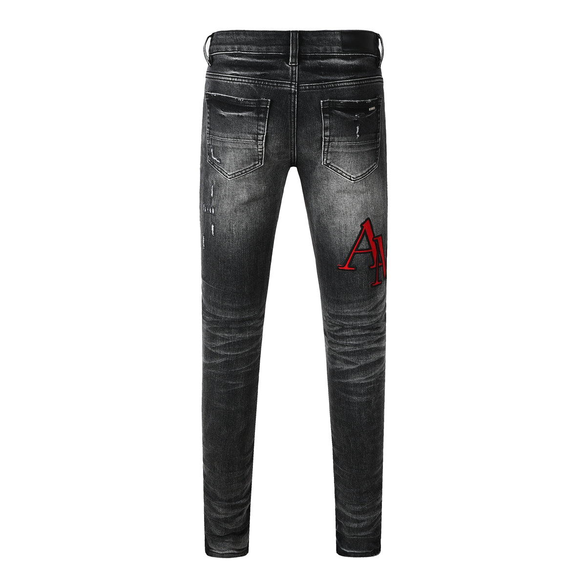 Vaqueros ajustados negros lavados para hombre con bordado de letras rojas, estilo urbano desgastado – 8922
