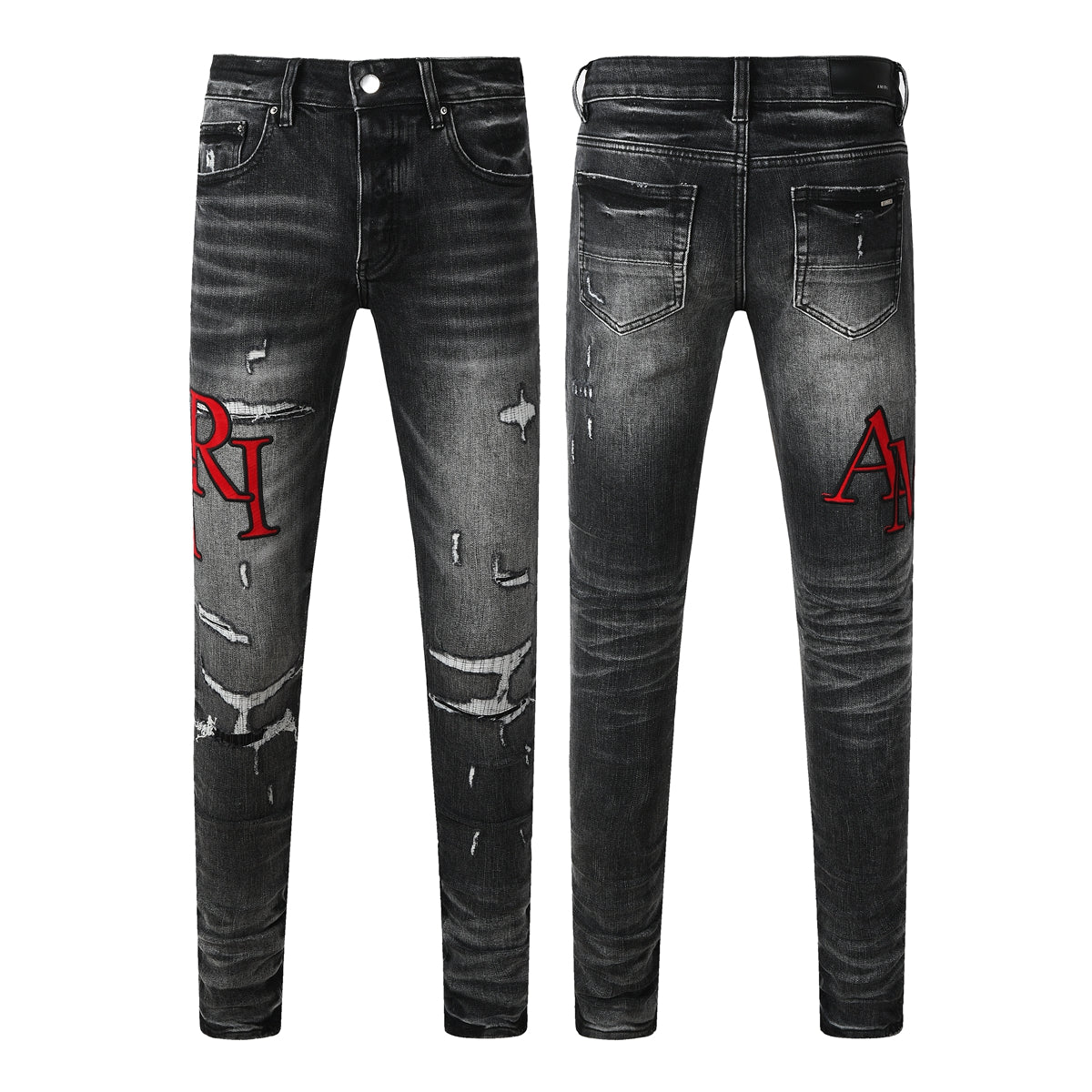Vaqueros ajustados negros lavados para hombre con bordado de letras rojas, estilo urbano desgastado – 8922