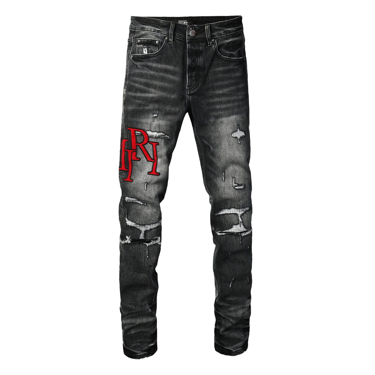 Vaqueros ajustados negros lavados para hombre con bordado de letras rojas, estilo urbano desgastado – 8922
