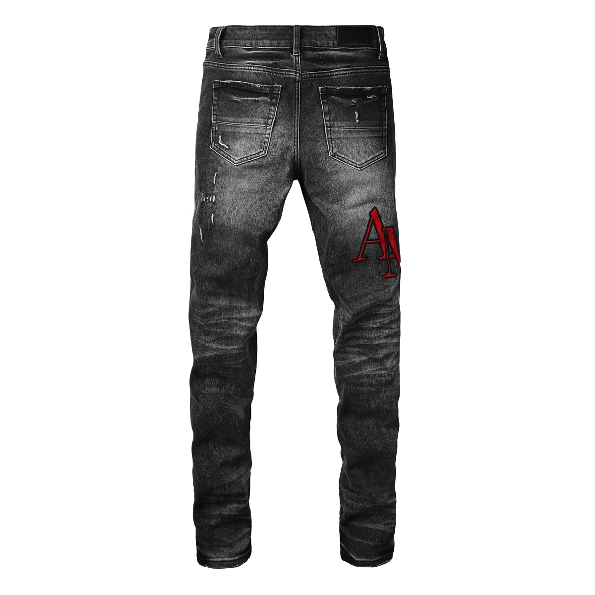 Vaqueros ajustados negros lavados para hombre con bordado de letras rojas, estilo urbano desgastado – 8922