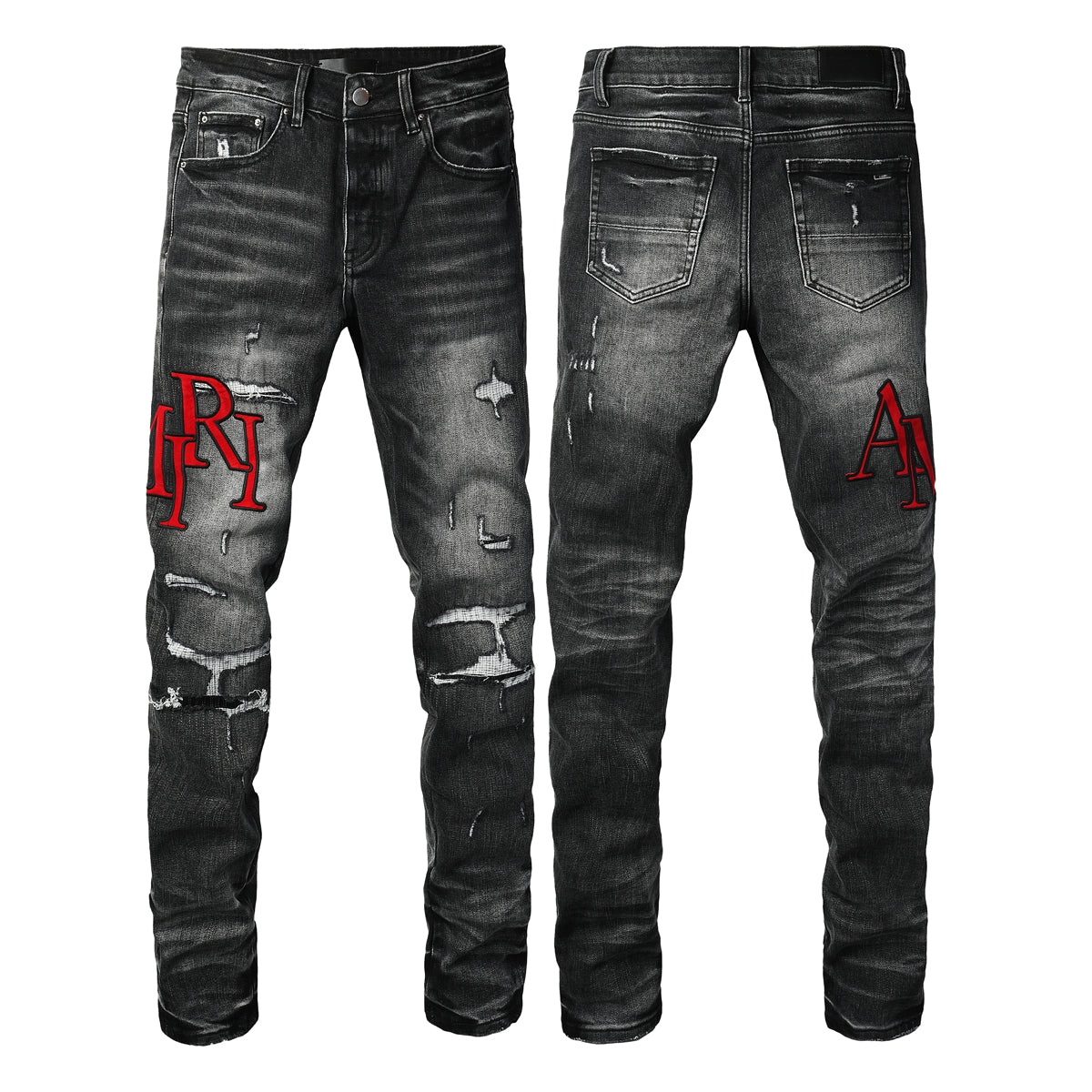 Vaqueros ajustados negros lavados para hombre con bordado de letras rojas, estilo urbano desgastado – 8922