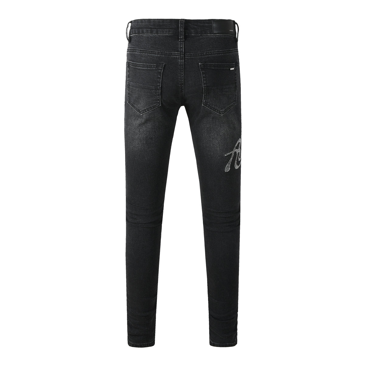 Men's Black Skinny Ripped Jeans with Rhinestone Letter Patch and Distressed Details 8925