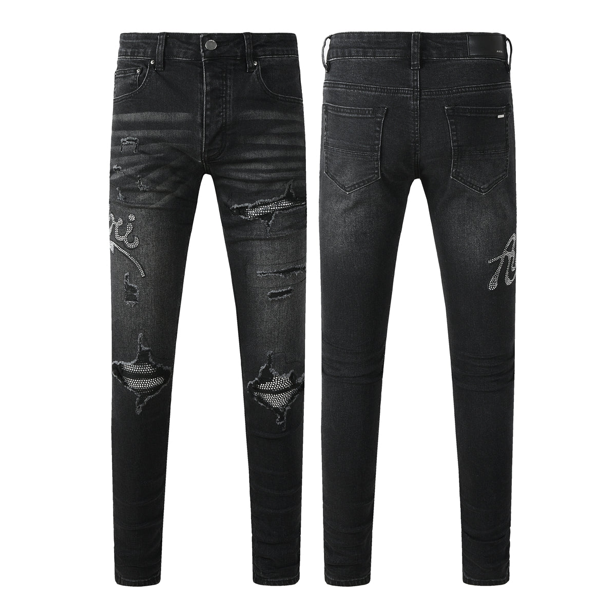 Men's Black Skinny Ripped Jeans with Rhinestone Letter Patch and Distressed Details 8925