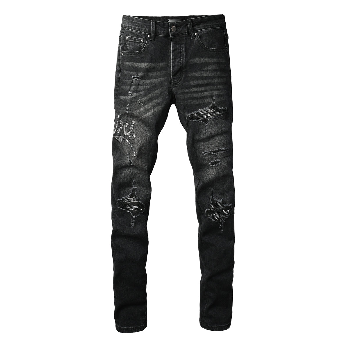 Men's Black Skinny Ripped Jeans with Rhinestone Letter Patch and Distressed Details 8925