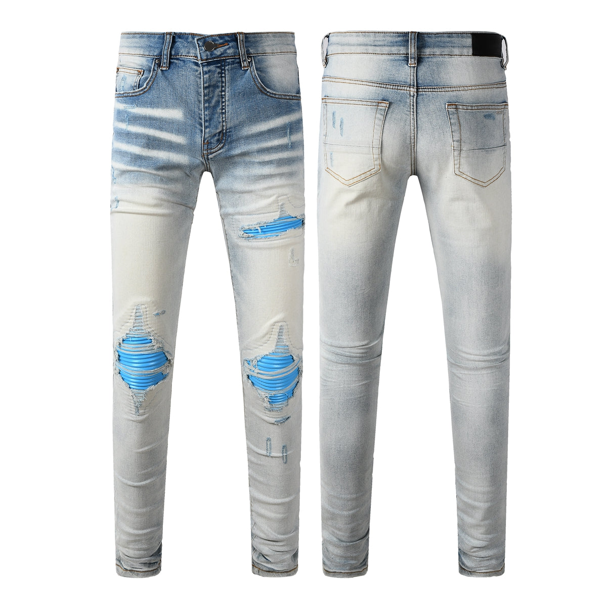 Men's Moto Style Skinny Fit Ripped Jeans with Bright Blue Knee Panels Light Wash 8927