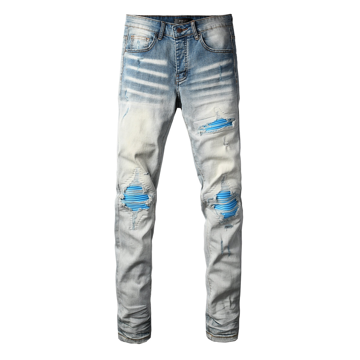 Men's Moto Style Skinny Fit Ripped Jeans with Bright Blue Knee Panels Light Wash 8927
