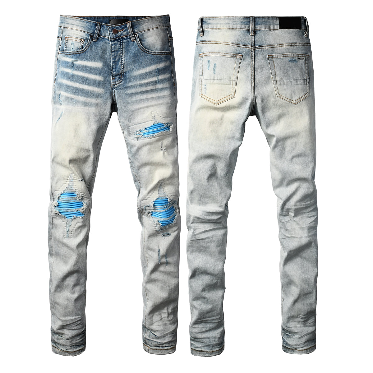 Men's Moto Style Skinny Fit Ripped Jeans with Bright Blue Knee Panels Light Wash 8927