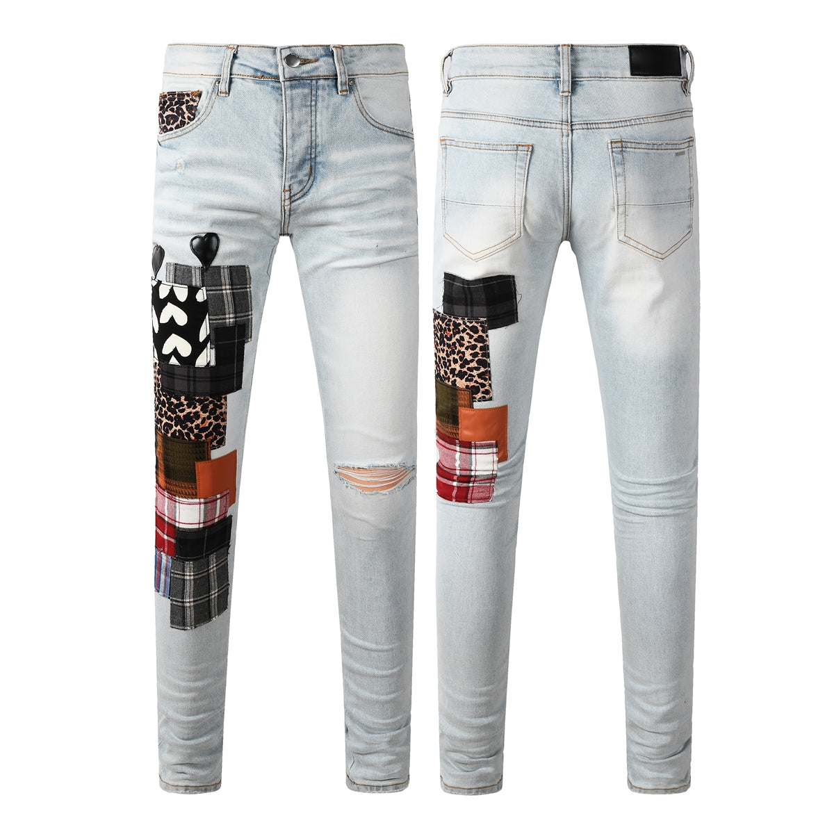 Men's Artistic Patchwork Skinny Jeans Light Wash Denim with Ripped Detail and Mixed Fabric Accents 8928