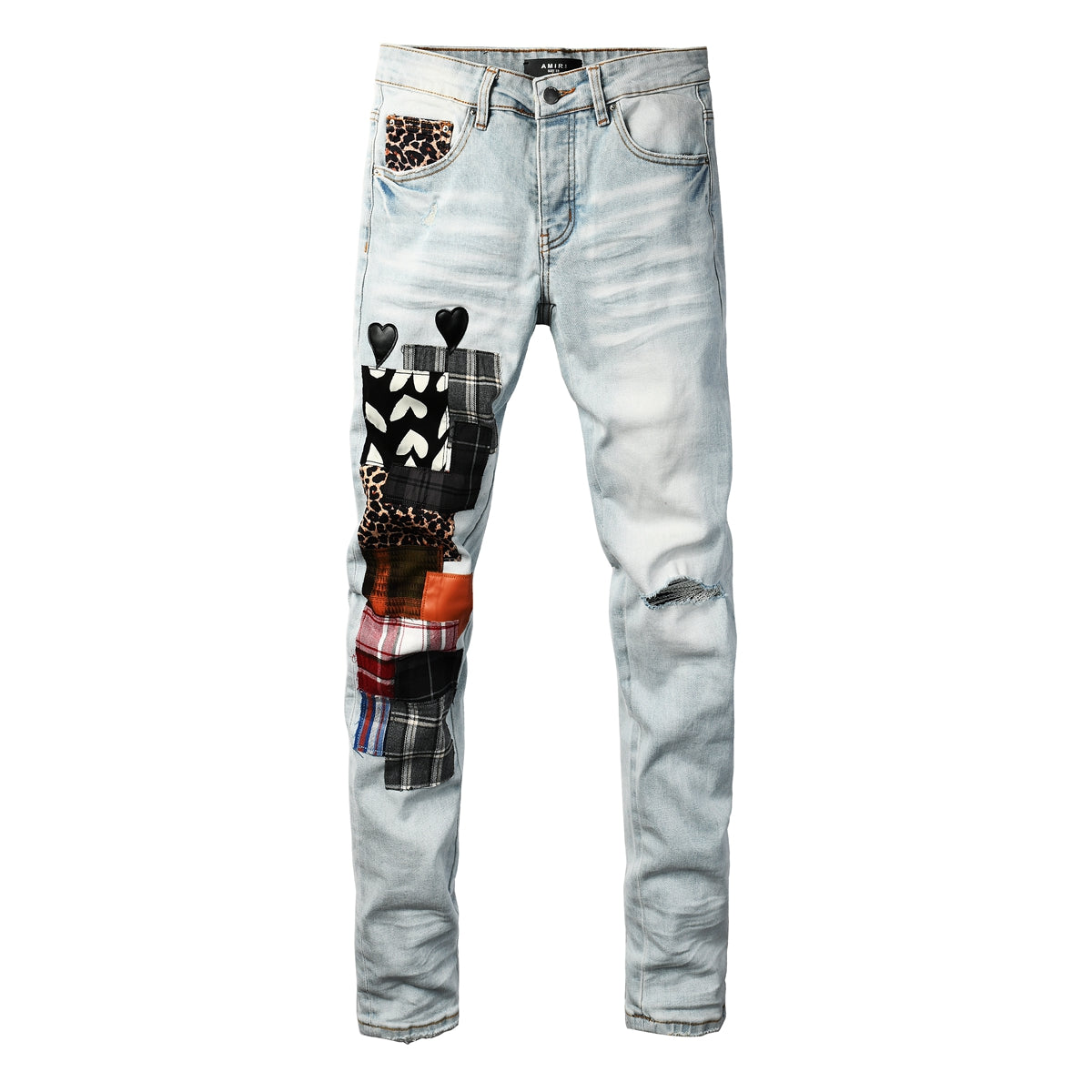Men's Artistic Patchwork Skinny Jeans Light Wash Denim with Ripped Detail and Mixed Fabric Accents 8928