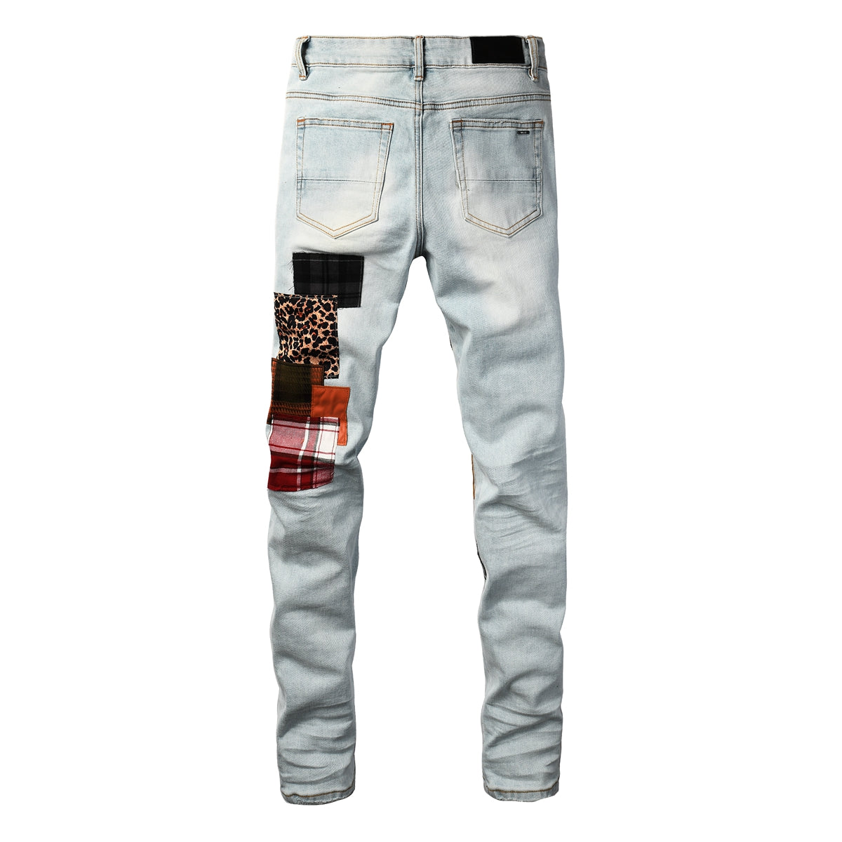 Men's Artistic Patchwork Skinny Jeans Light Wash Denim with Ripped Detail and Mixed Fabric Accents 8928