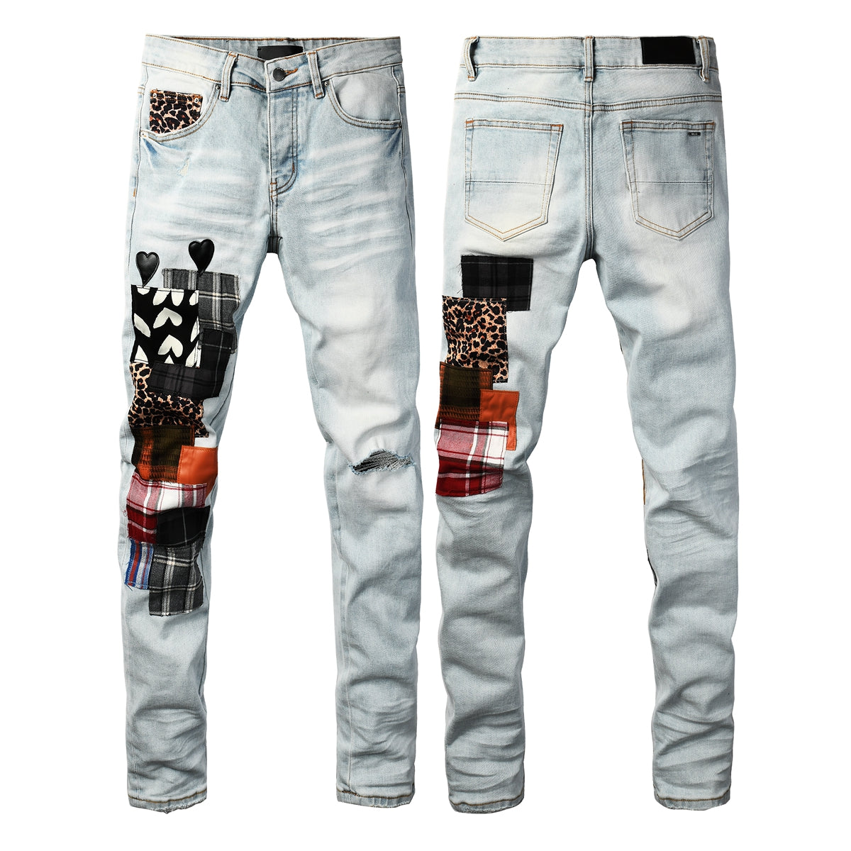 Men's Artistic Patchwork Skinny Jeans Light Wash Denim with Ripped Detail and Mixed Fabric Accents 8928