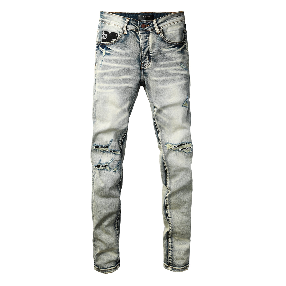 Men's Light Wash Skinny Jeans with Ripped Details and Bandana Pocket Accent 8929